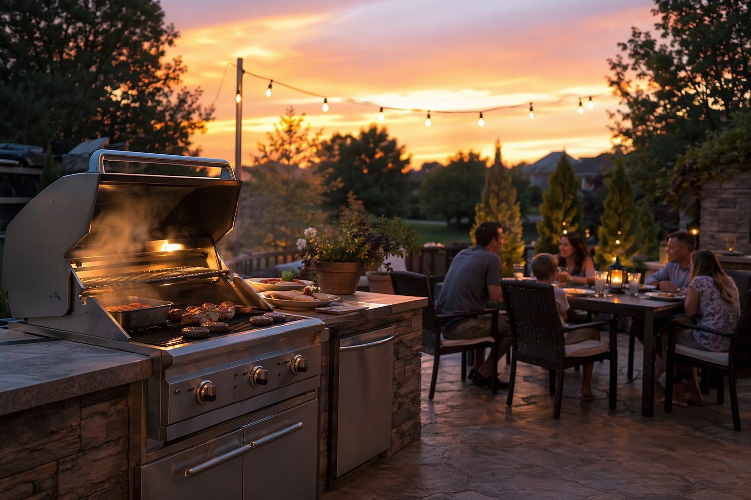A stainless gas grill with its side cabinet open showing a ventilated propane tank and regulator connection on a paver pad