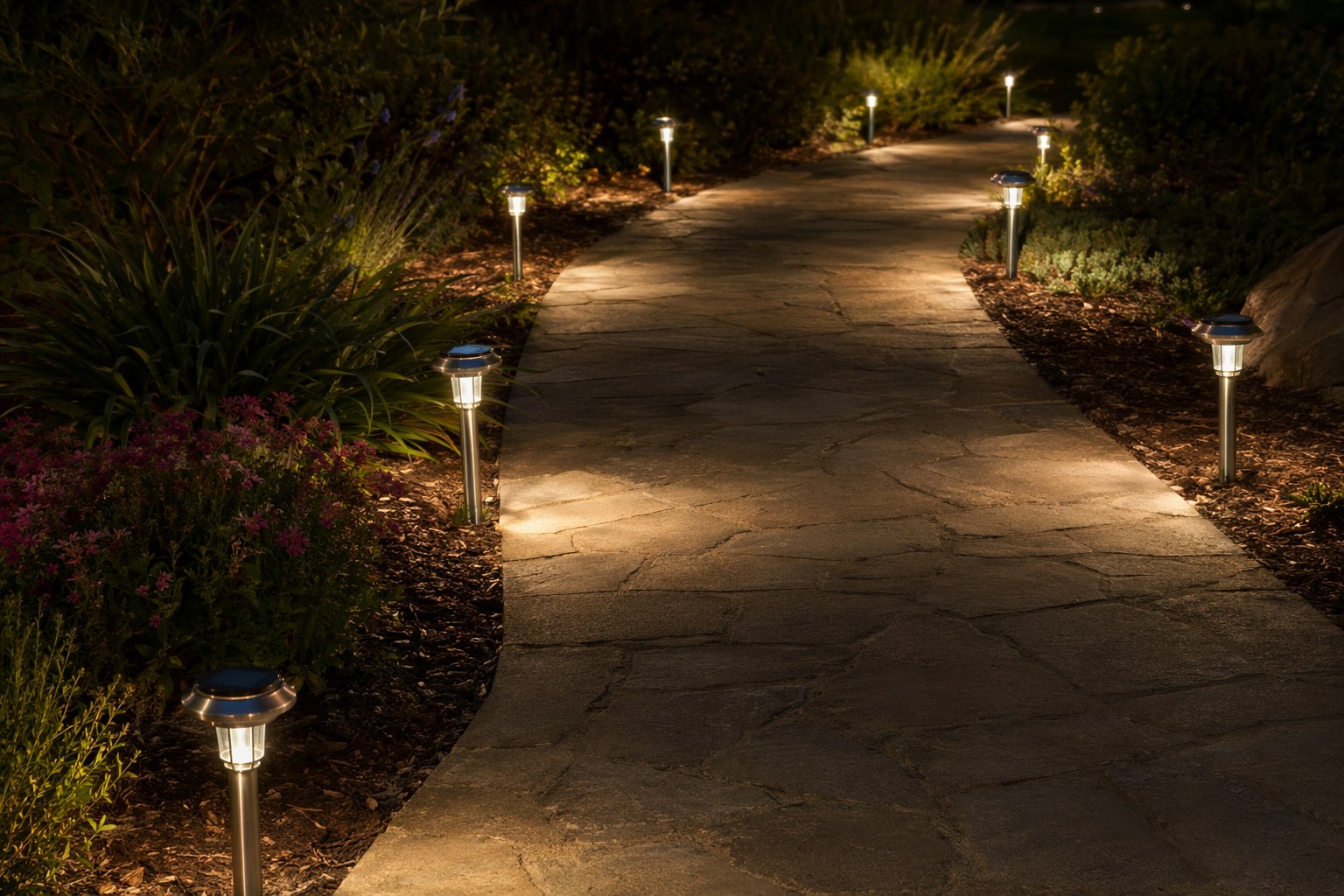 Backyard patio glowing with warm string lights strung overhead at dusk