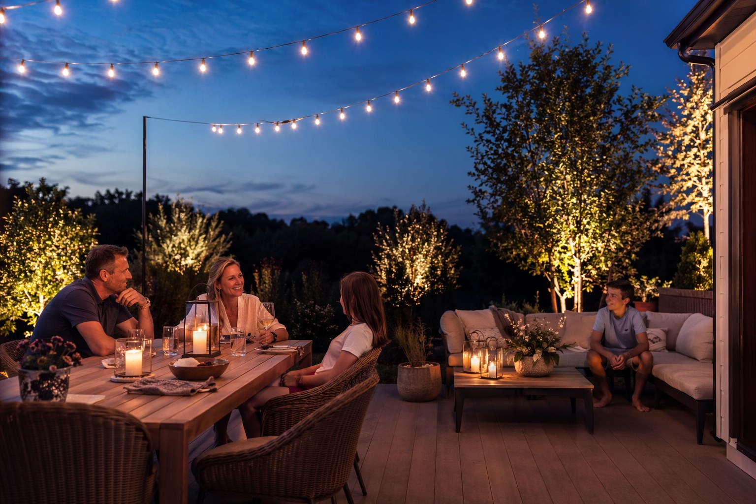 Uplighting grazing a large tree trunk and stone wall in a landscaped yard