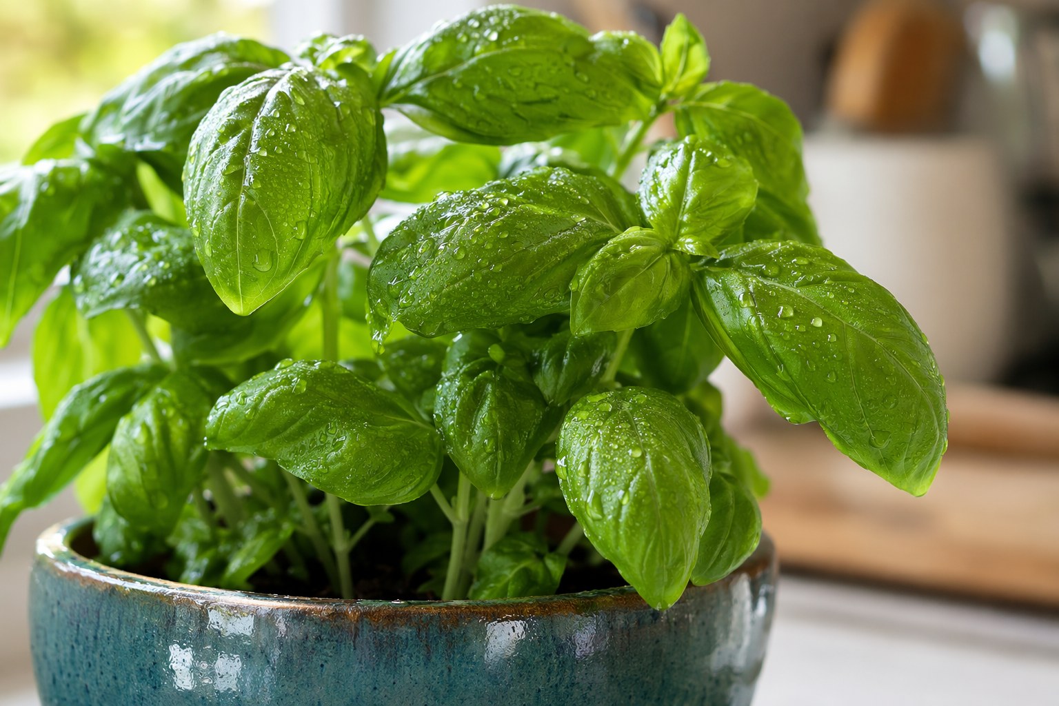 Close-up of a healthy fresh basil plant in a glazed ceramic pot with bright green textured leaves