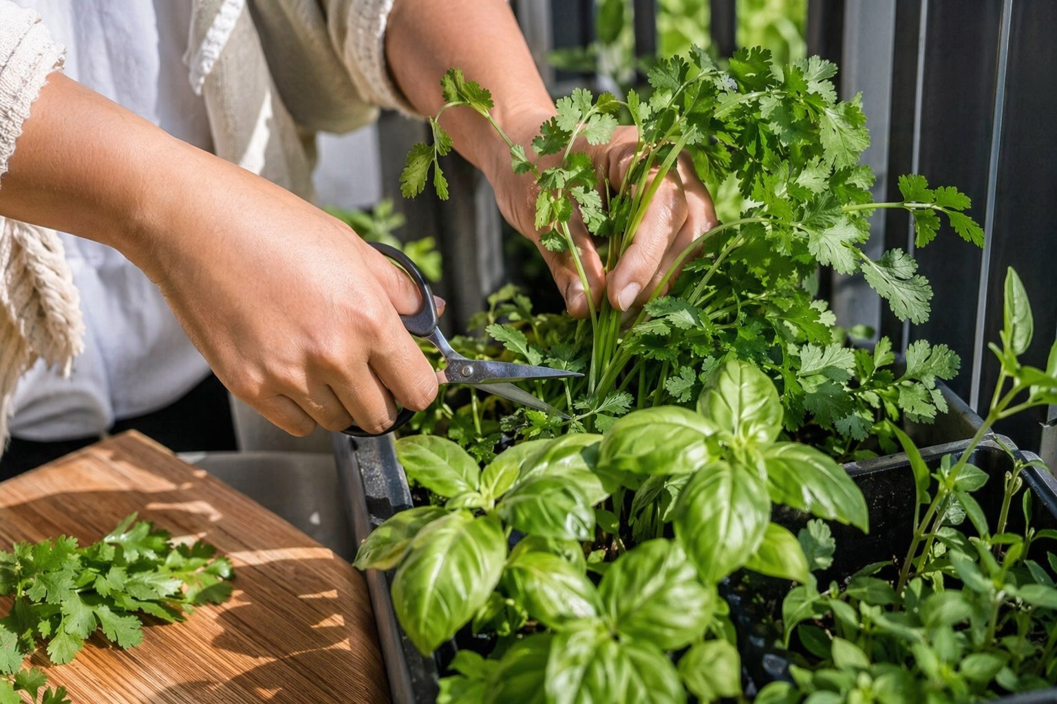 Hands using small garden scissors to harvest fresh cilantro and basil from balcony containers