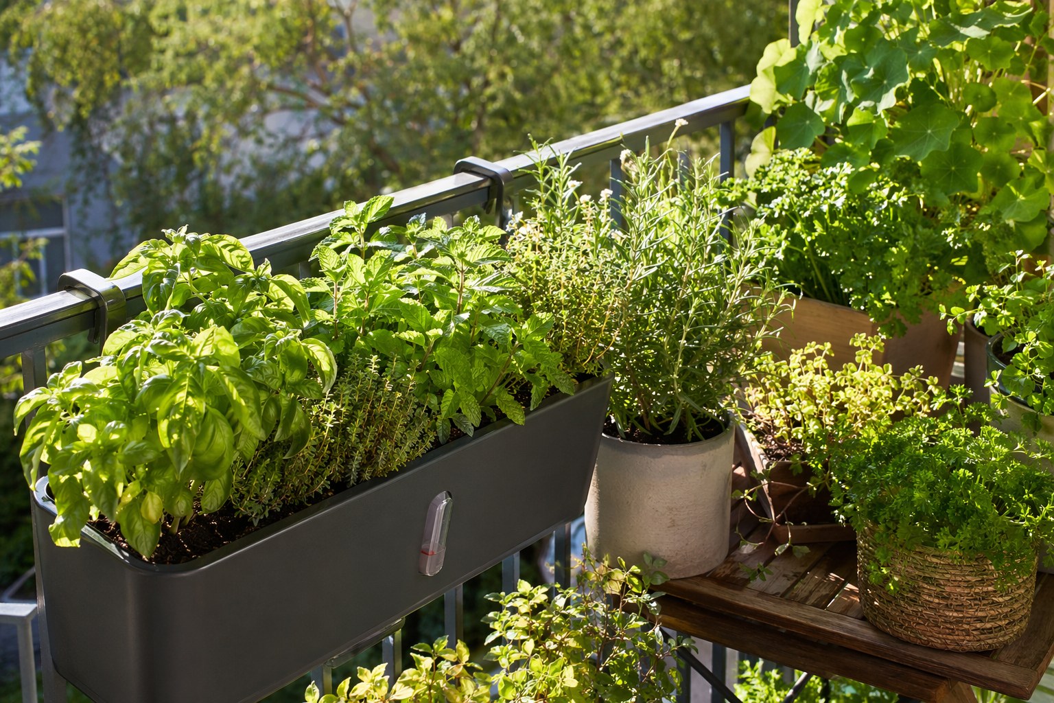 Wide shot of a flourishing balcony herb garden in full summer with a variety of green herbs in mixed pots along a railing