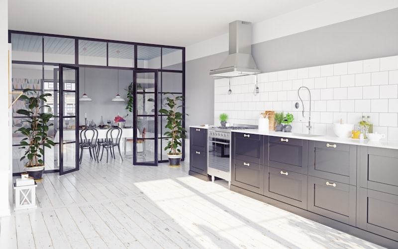 Steam mop and clean tile floor in kitchen