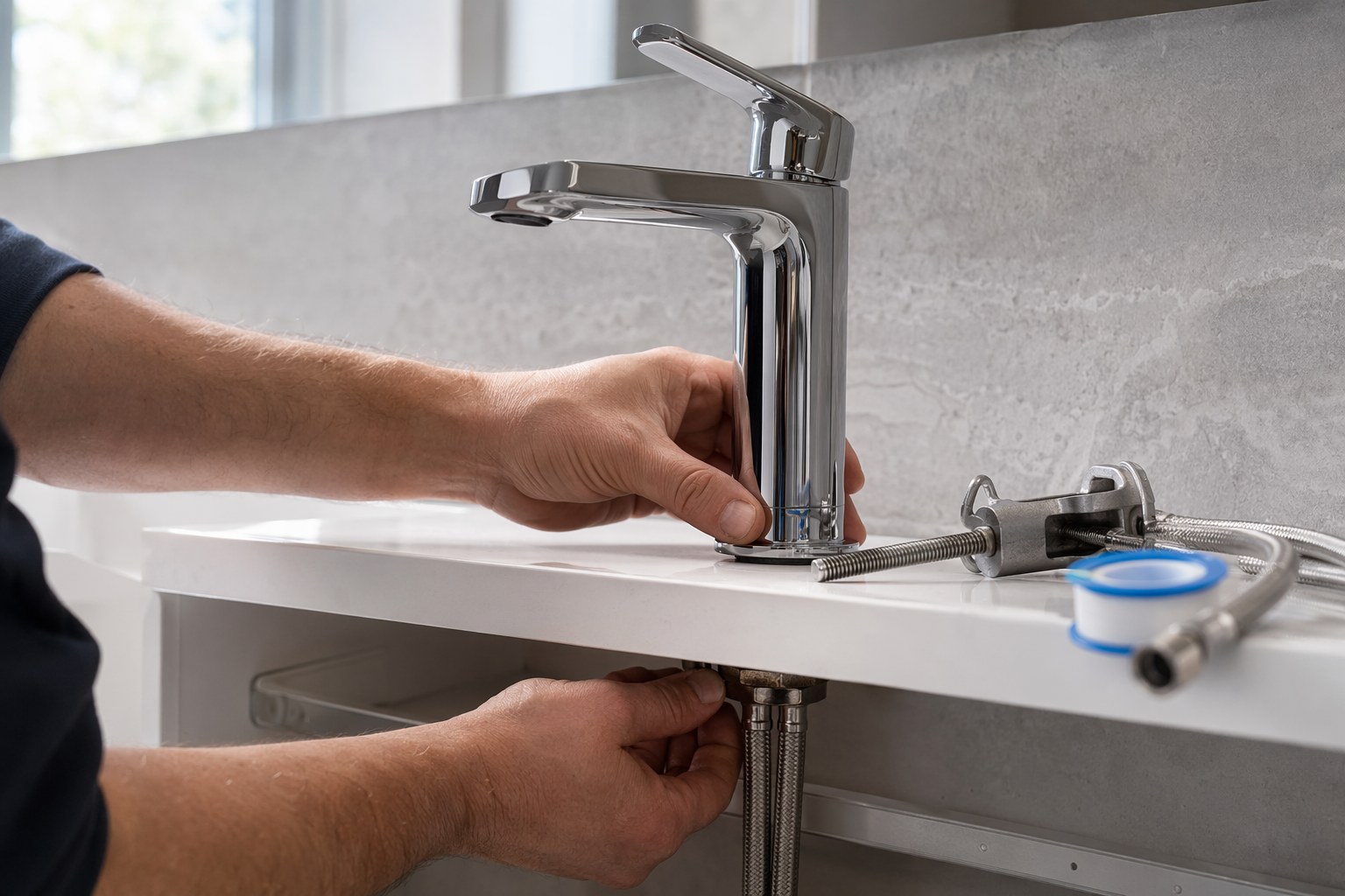 Close-up of a gloved hand sealing freshly cleaned bright-white grout lines between ceramic wall tile