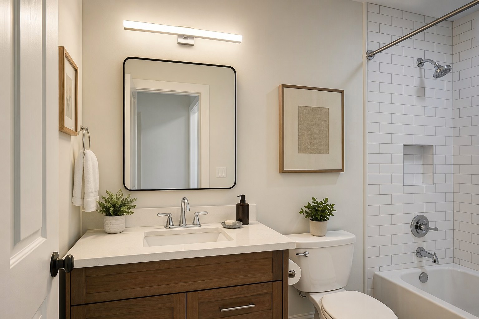 A clean white silicone bead being smoothed along the joint where a bathtub meets tiled wall, painter's tape on both sides