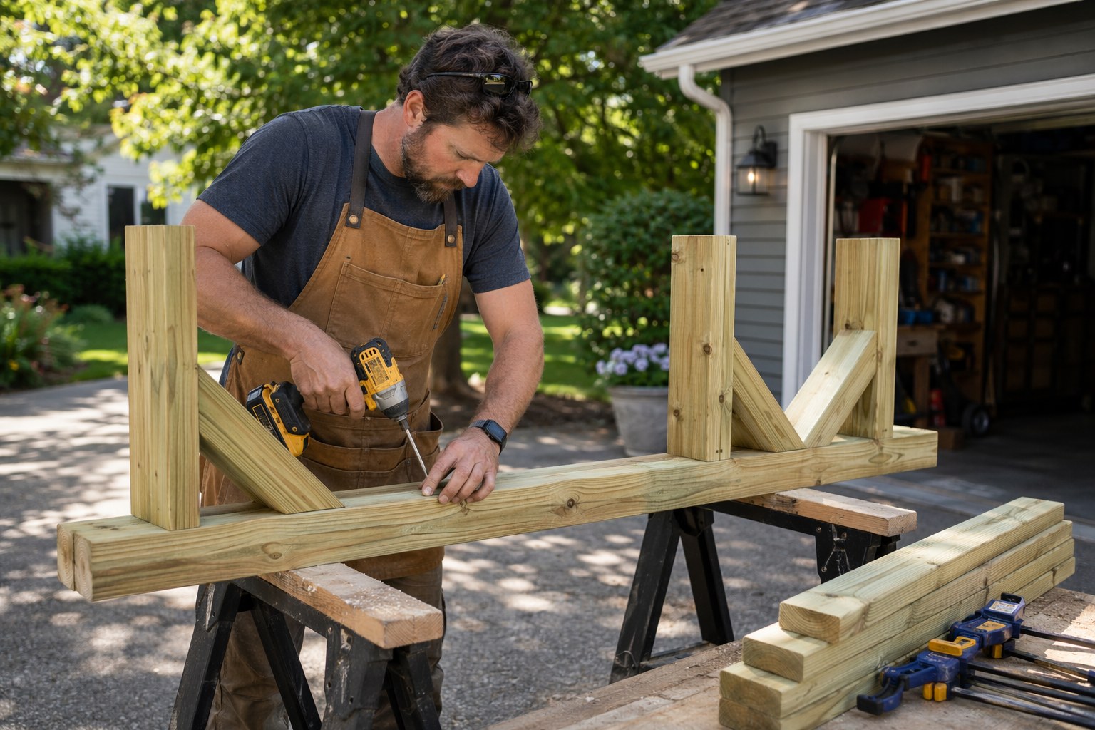 A carpenter assembling the trestle base of an outdoor dining table from 2x4 lumber on sawhorses in a driveway