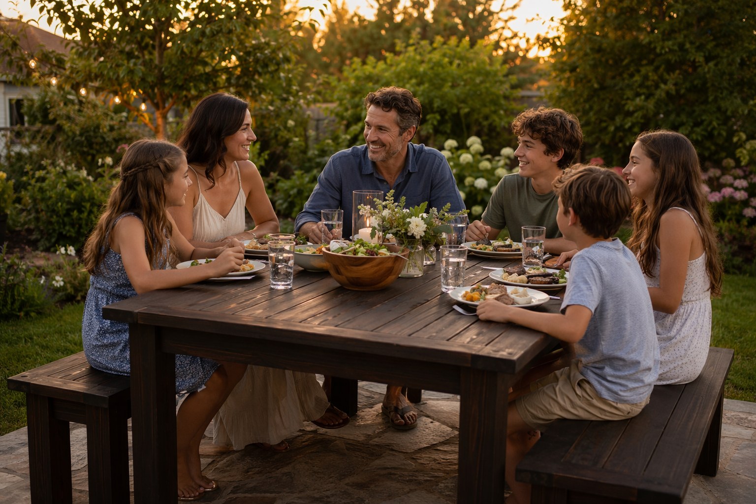 A family of six eating dinner around a completed dark-stained wooden patio dining table with matching benches