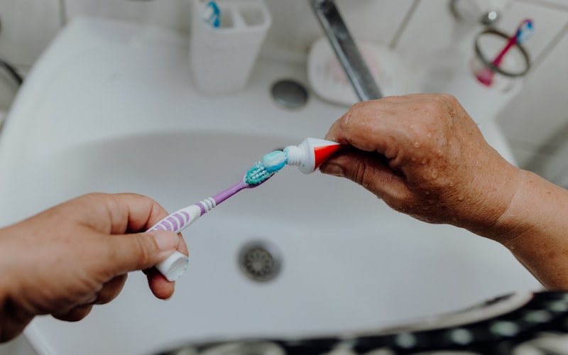 dog dental care supplies laid out on a counter including toothbrush, finger brush, enzymatic toothpaste, and dental chews