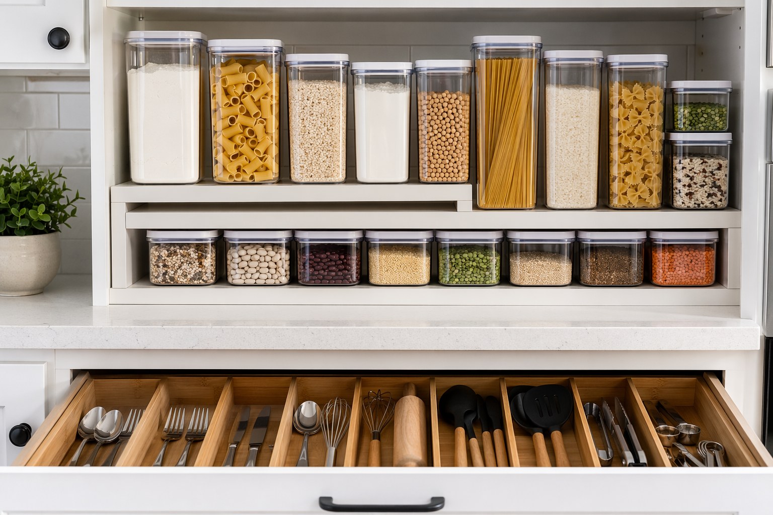 Organized kitchen with clear airtight pantry containers, tiered shelf risers, and a drawer with bamboo dividers