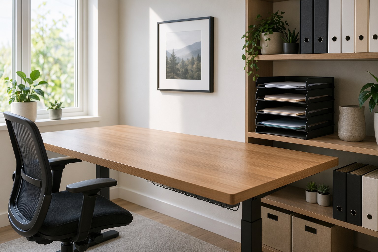 Tidy home office with a clear desk, cable management, and a tiered paper-sorting tray beside labeled file storage