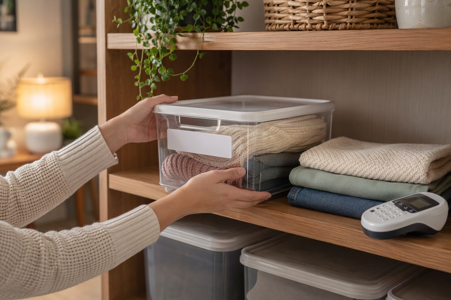Home organization maintenance scene with labeled bins, a label maker, and a tidy reset of a living-area shelf