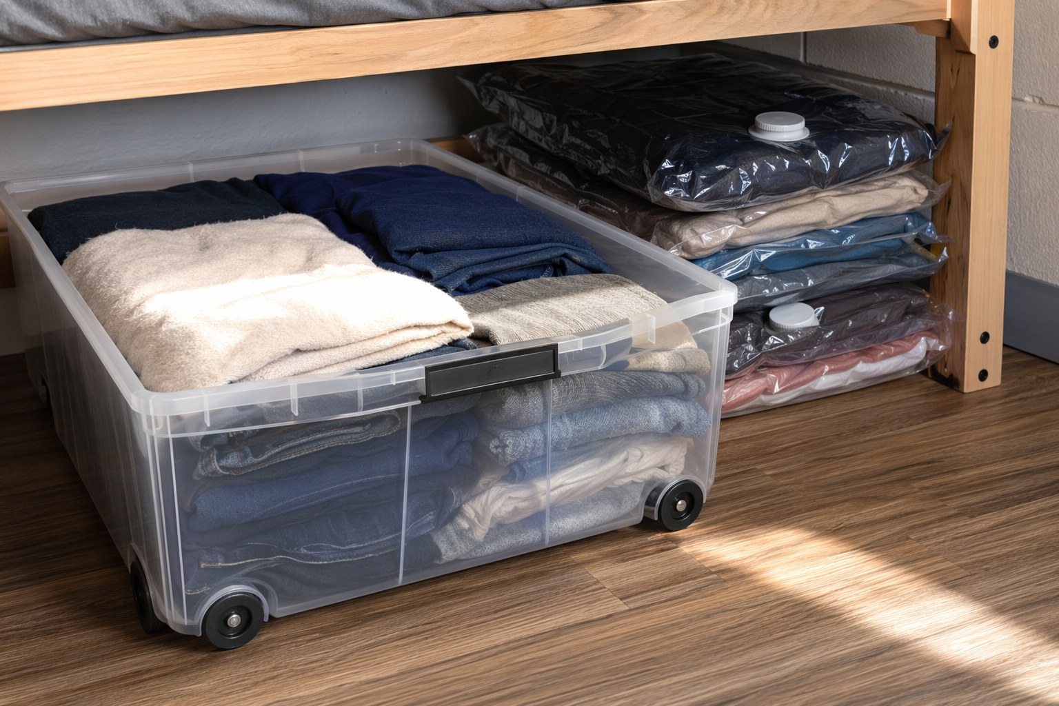 Compact dorm room with a lofted bed, under-bed storage bins, an over-the-door organizer, and a tidy desk
