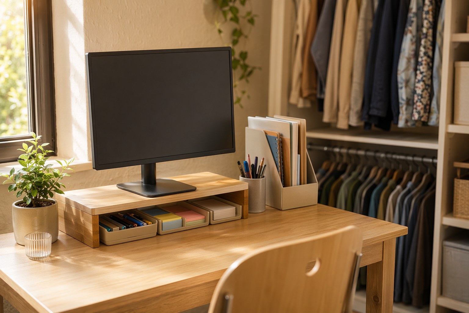 Tidy dorm desk with a monitor riser, drawer organizer trays, and a doubled closet rod visible behind it