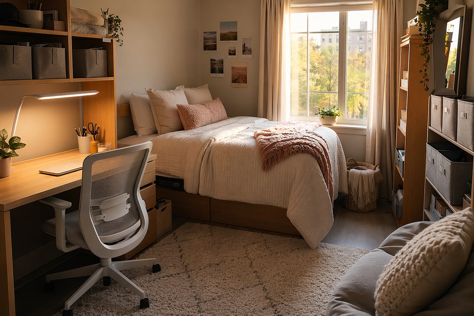 Dorm essentials including Twin XL bedding, a desk lamp, drawer organizers, and a laundry hamper arranged on a light wood floor