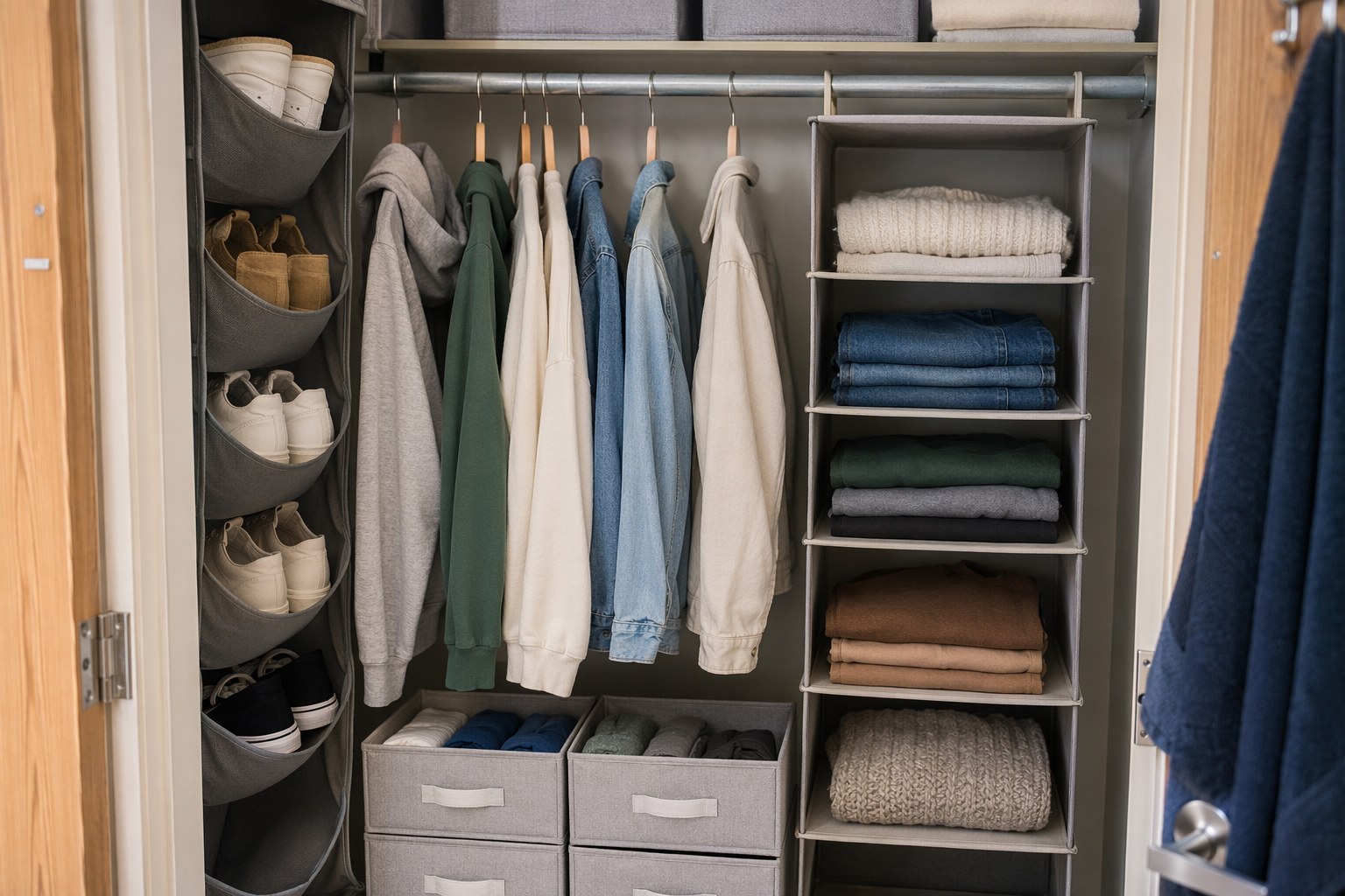 A fully set-up dorm room with neatly made bed, glowing desk lamp, and fabric storage bins on open shelving