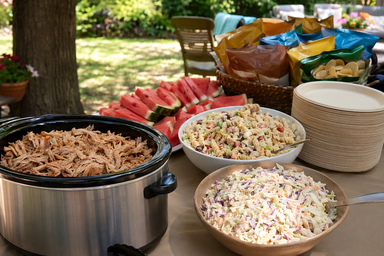Festively decorated backyard graduation party at dusk with string lights, a balloon cluster in school colors, and a banner over a buffet table