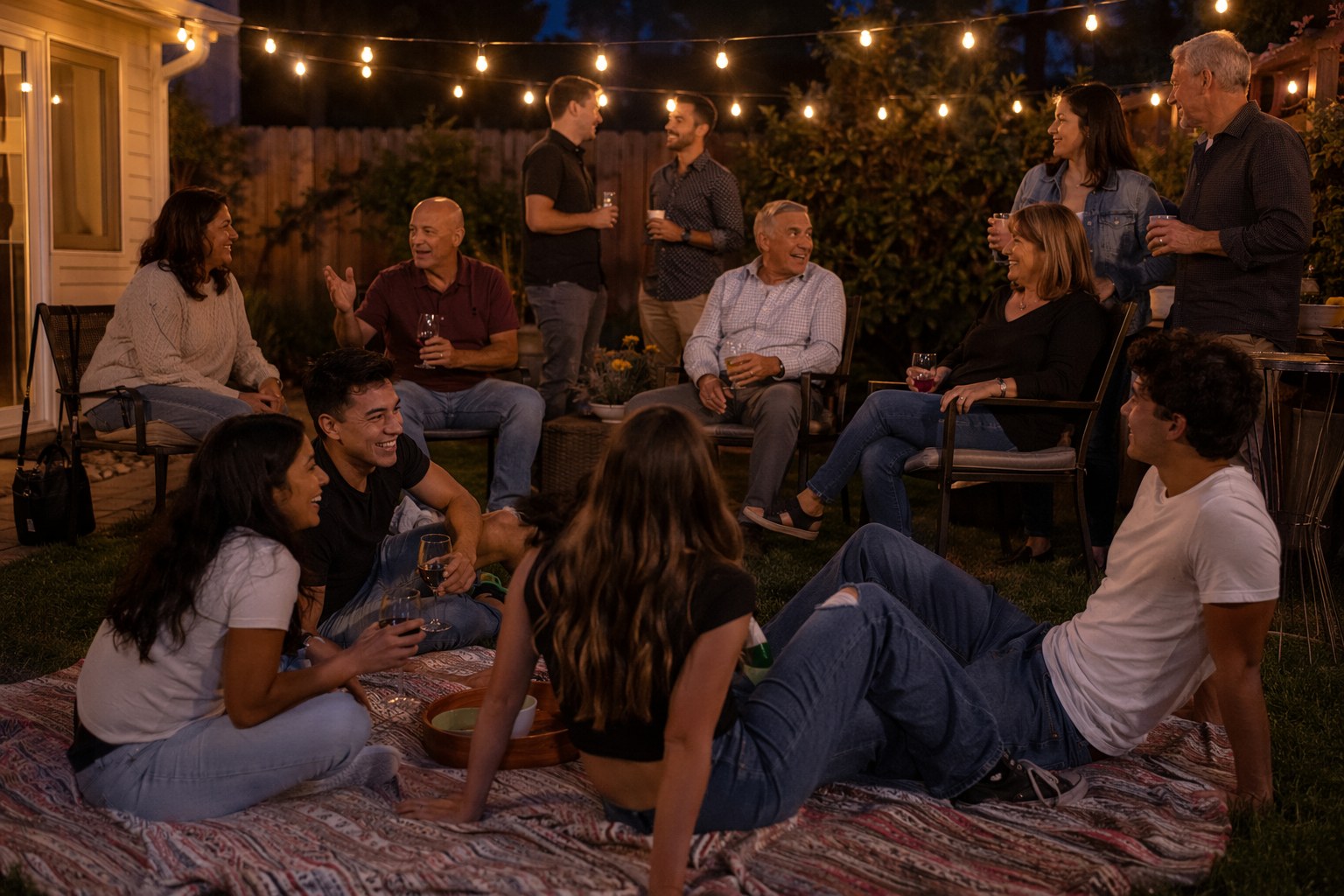 Outdoor buffet table set with a slow-cooker of pulled pork, large bowls of pasta salad and slaw, sliced watermelon, and stacks of compostable plates