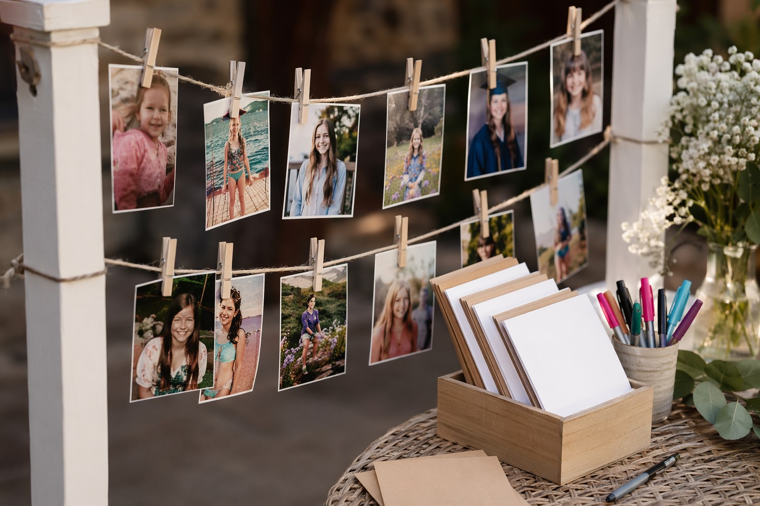 Close-up of DIY graduation party details: a photo clothesline strung between posts, mini clothespins, and a handwritten advice card station