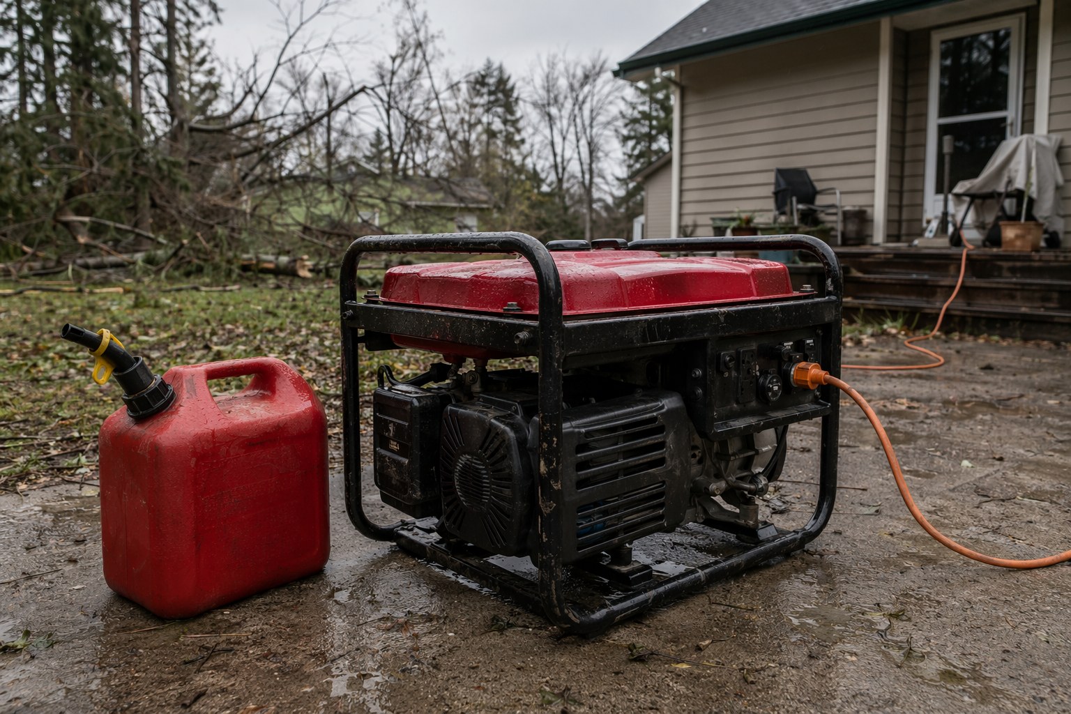 Portable gas generator positioned on a patio with a fuel can during a power outage