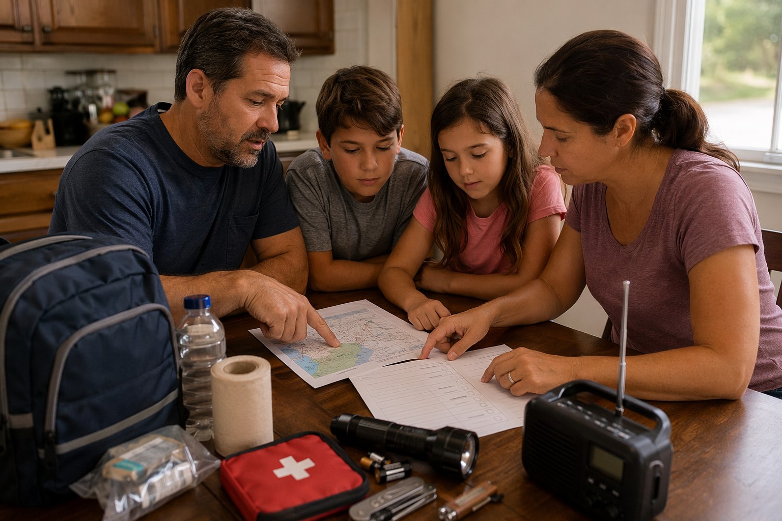 Coastal family reviewing a printed hurricane safety plan and checklist together at the kitchen table