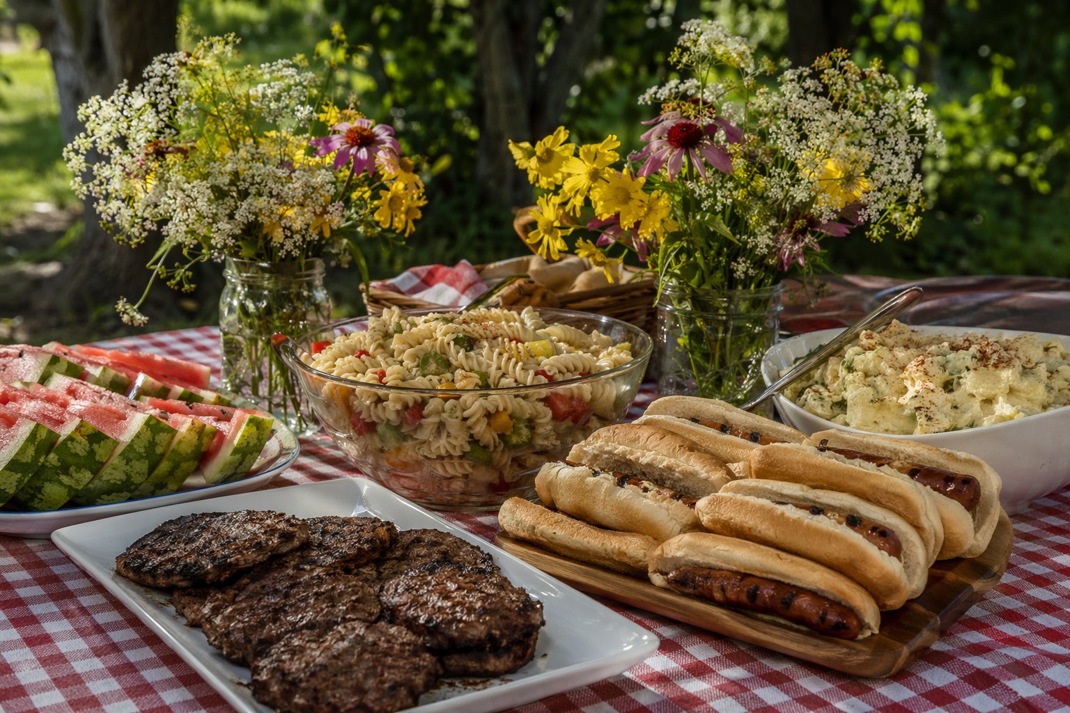 A festive backyard set up for a Memorial Day barbecue with red, white, and blue accents, a grill, and folding tables in warm afternoon light
