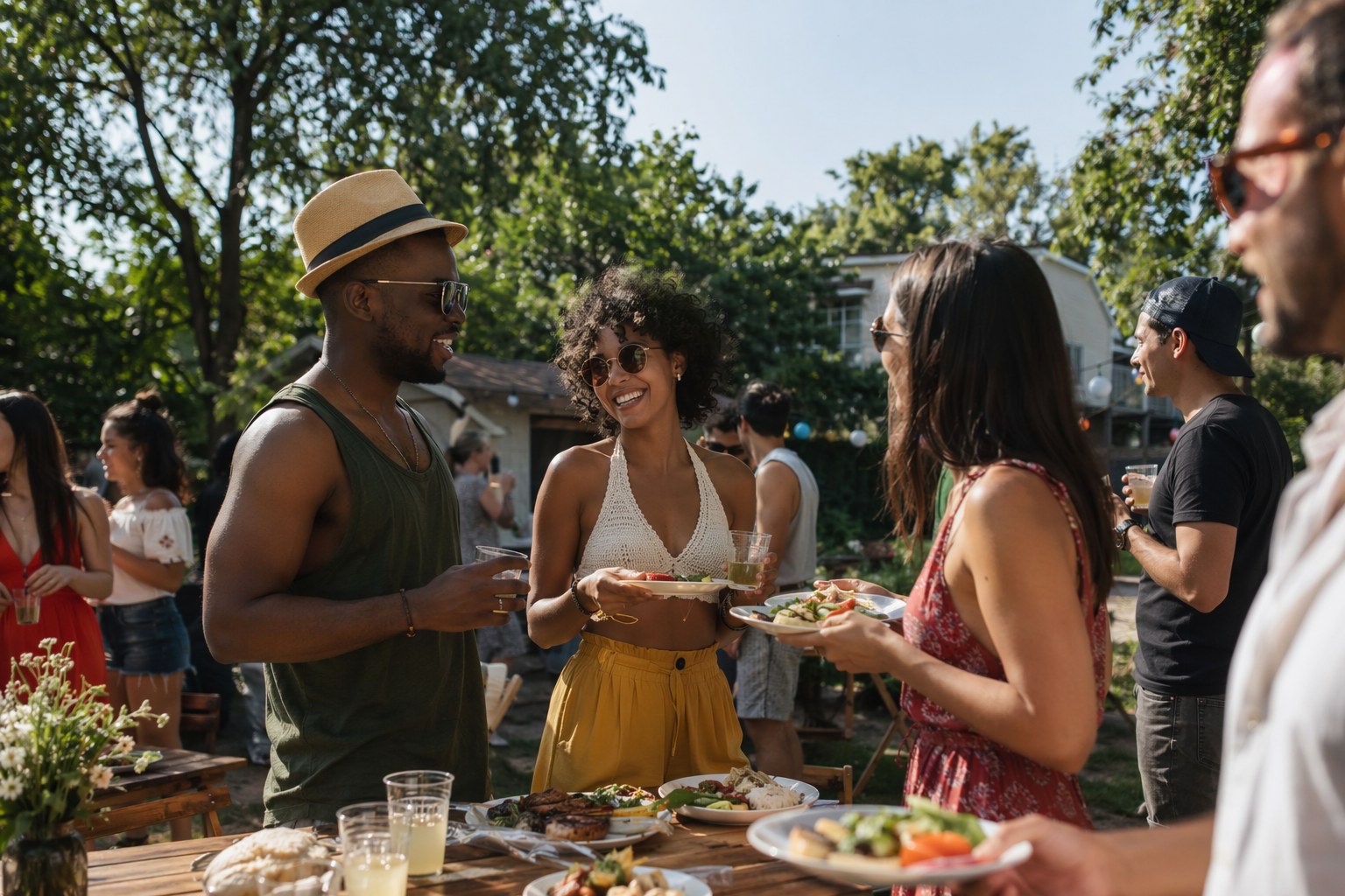 A laden picnic table covered with grilled burgers and hot dogs, bowls of potato salad and pasta salad, and a watermelon, set outdoors