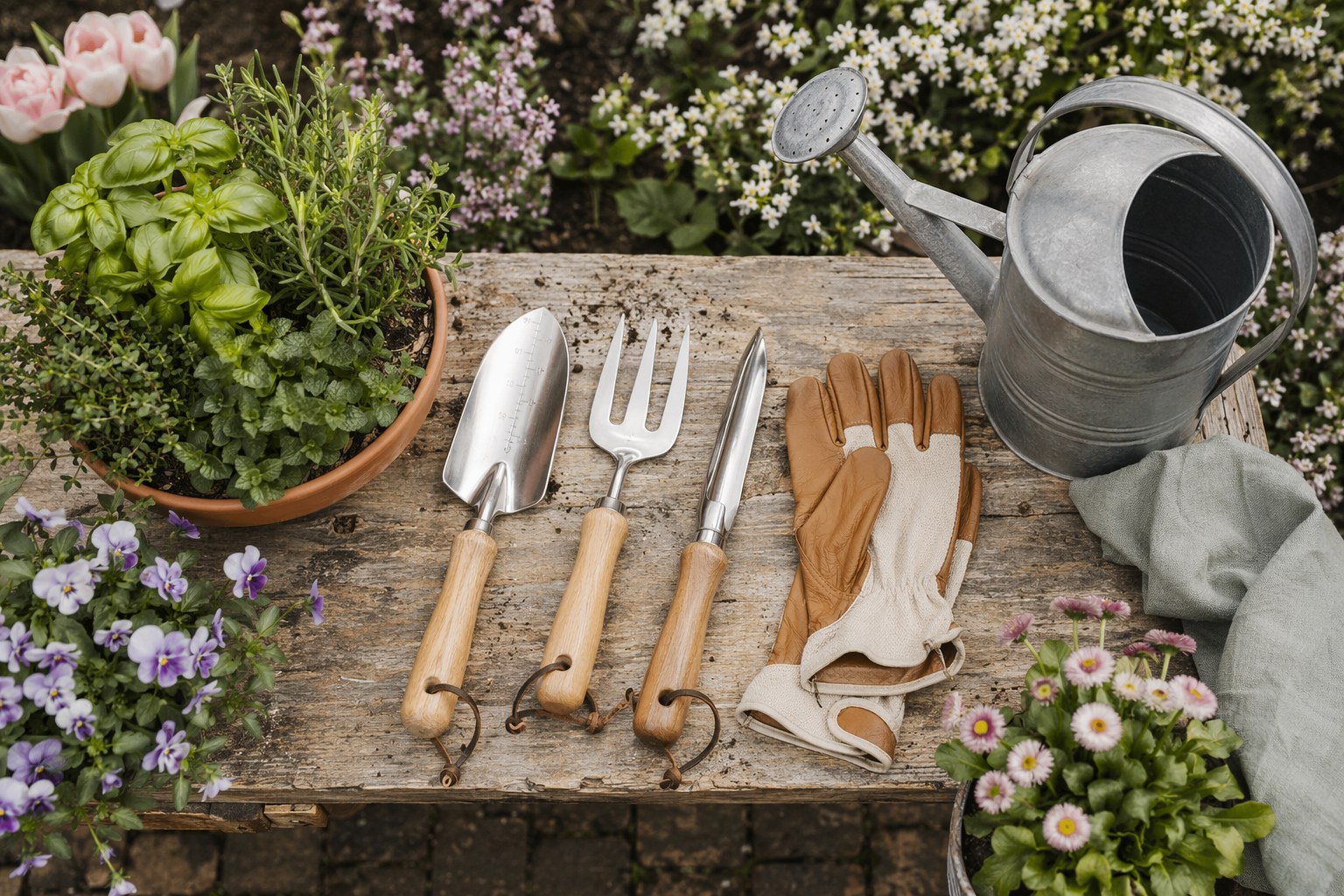 Garden gifts on a potting bench including ergonomic tools, gloves, a watering can, and a potted herb