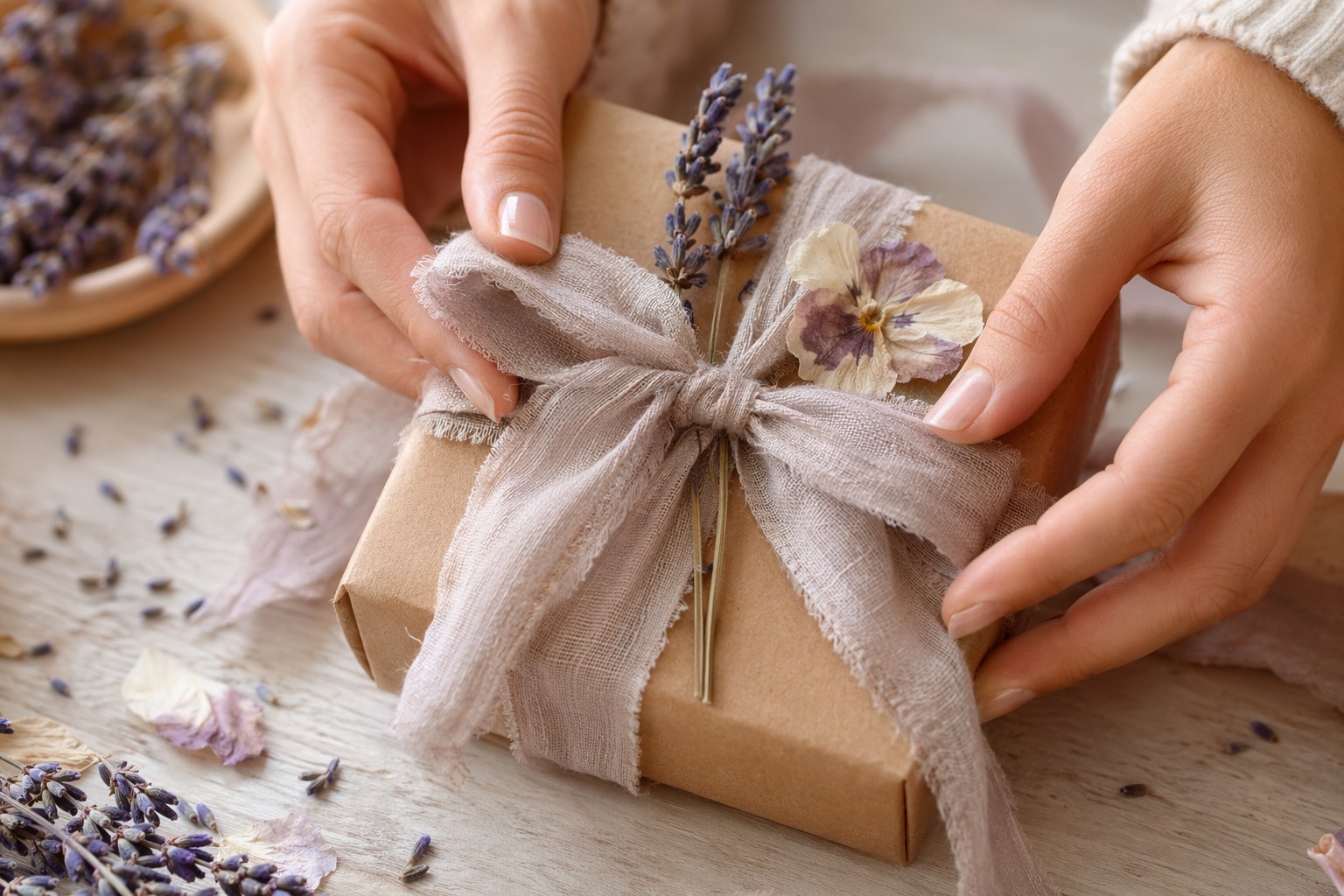 Hands tying a linen ribbon bow on a small gift box decorated with dried lavender and a pressed flower