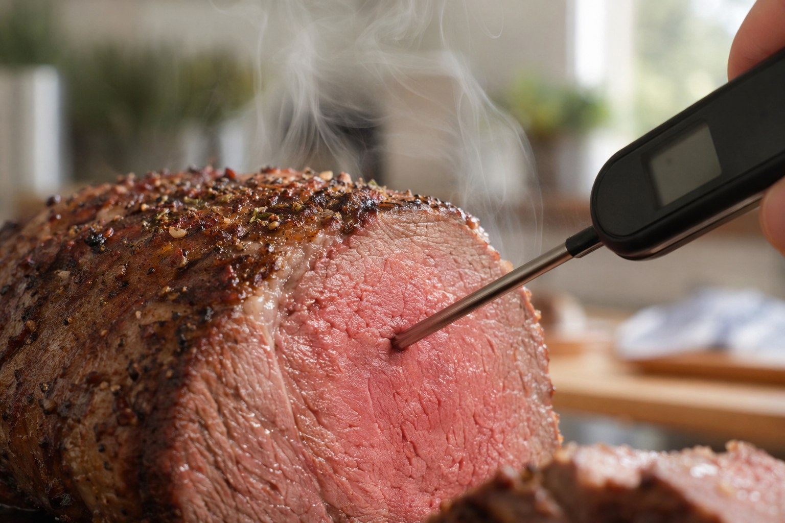 Golden herb-crusted beef roast resting on a white platter with roasted vegetables