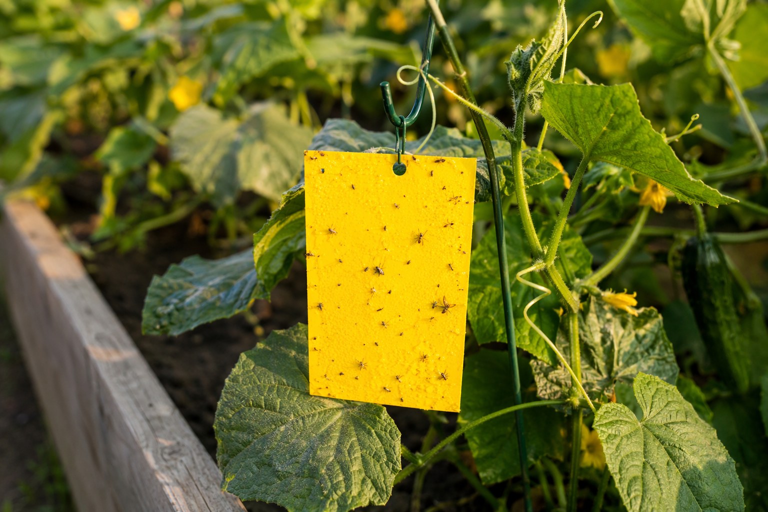 yellow sticky monitoring trap on a stake among cucumber vines catching small insects