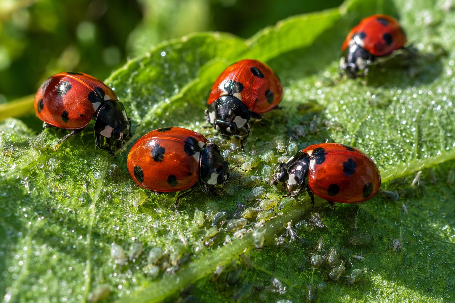 ladybugs crawling on a leaf covered with aphids in dappled garden sunlight