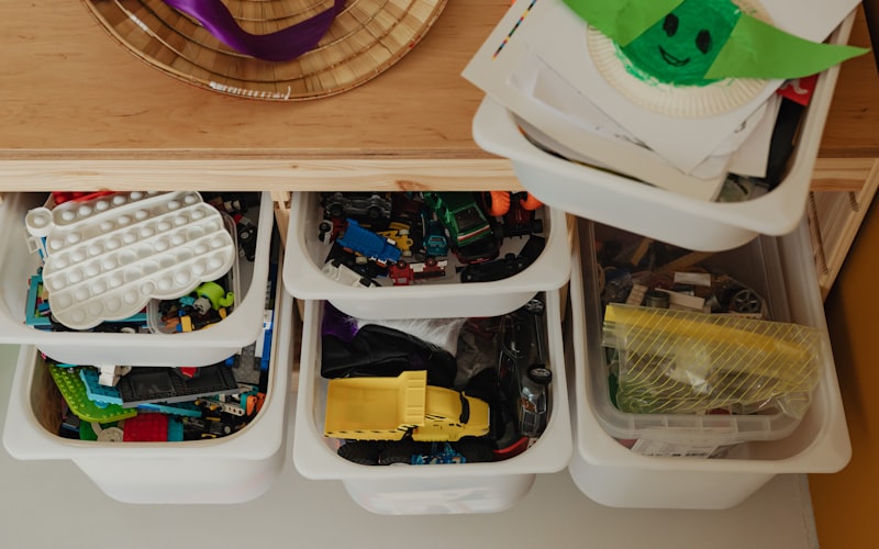 Organized playroom with labeled bins and happy, tidy shelving