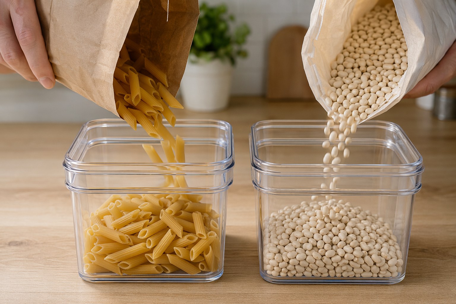 Well-organized pantry shelves lined with labeled glass containers of flour, rice, pasta, and canned goods in warm kitchen light