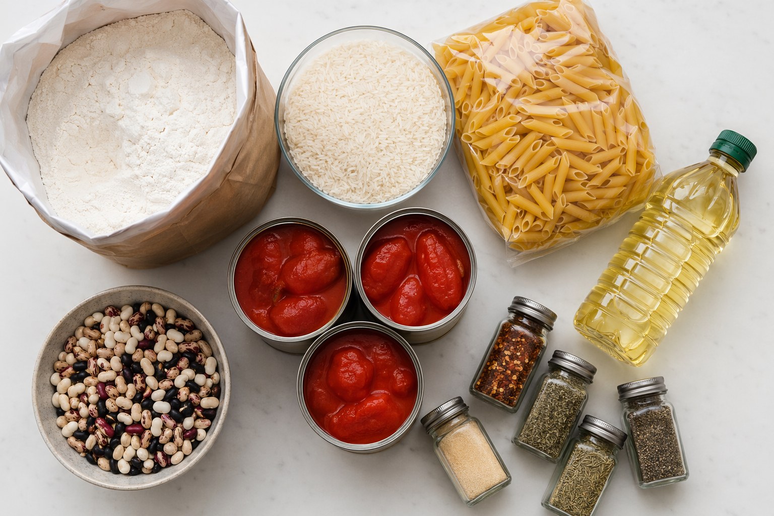 Hands transferring dry pasta and beans from delivery packaging into clear airtight stackable containers on a kitchen counter