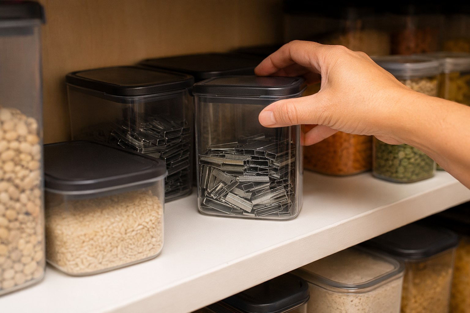 Spread of pantry staples on a clean kitchen counter including flour, rice, dried pasta, canned tomatoes, beans, oil, and spice jars