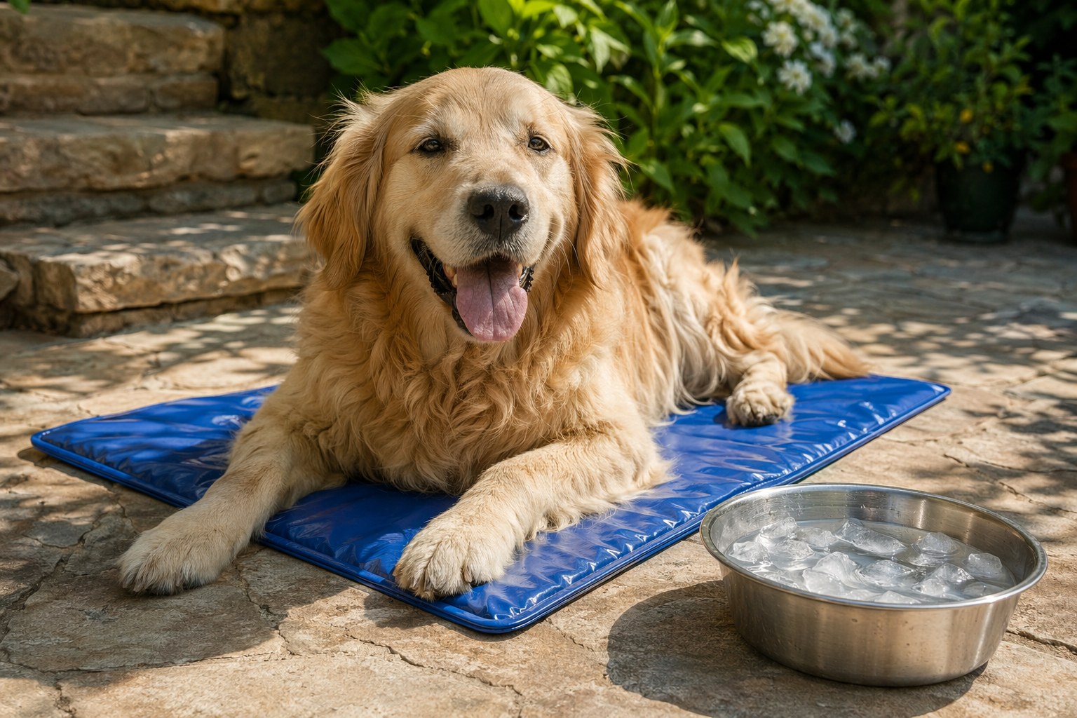 A medium-sized dog resting in the shade of a tree on a hot day with a full water bowl nearby
