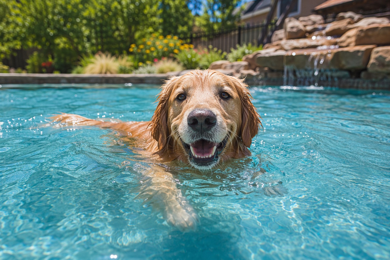 A dog lying on a blue gel cooling mat on a sunny patio with a water bowl beside it