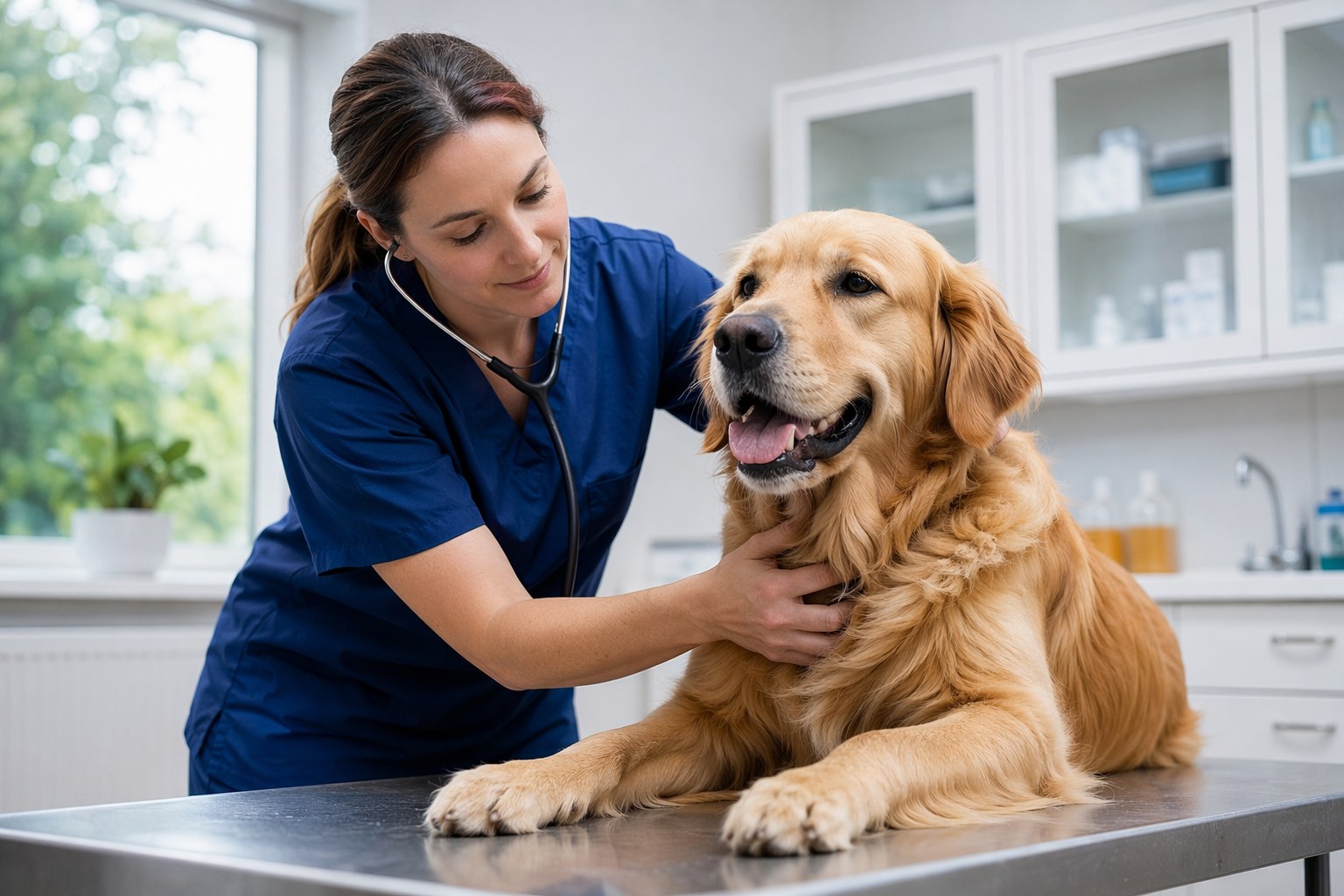 A veterinarian examining a calm, healthy dog during a routine summer wellness checkup