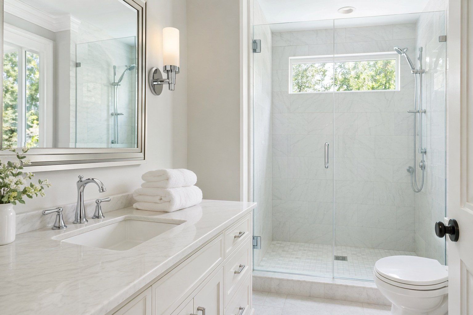 A sparkling clean bathroom with fresh towels and a wiped-down mirror