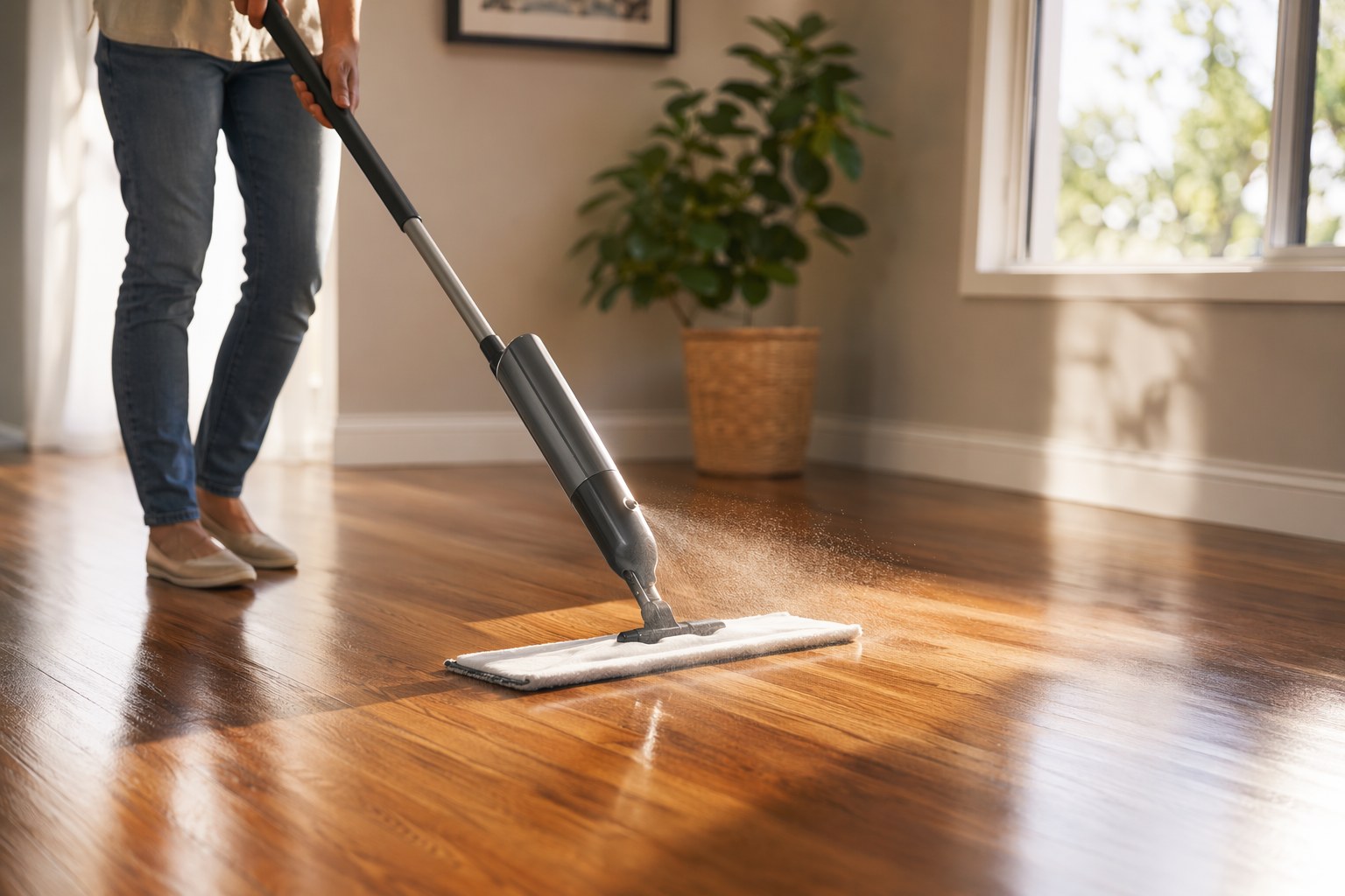 Clean hardwood floors being finished with a spray mop in a tidy room