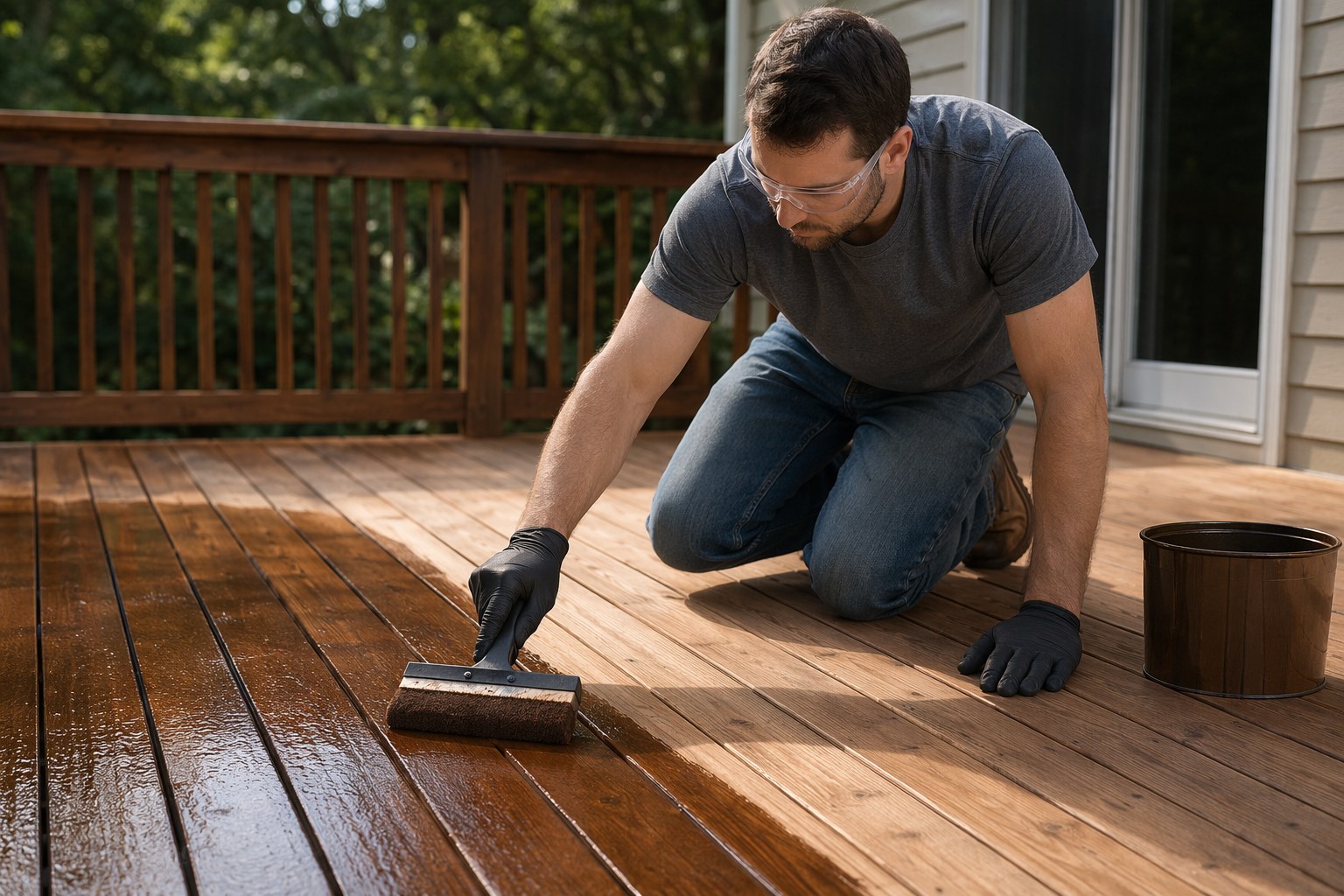 Pressure washer cleaning a weathered wood deck with a sharp clean stripe showing the before and after difference