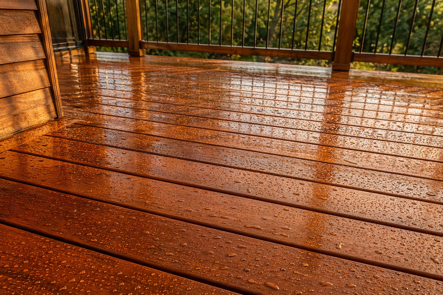 Homeowner applying fresh semi-transparent stain and sealer to clean dry deck boards with a wide pad applicator