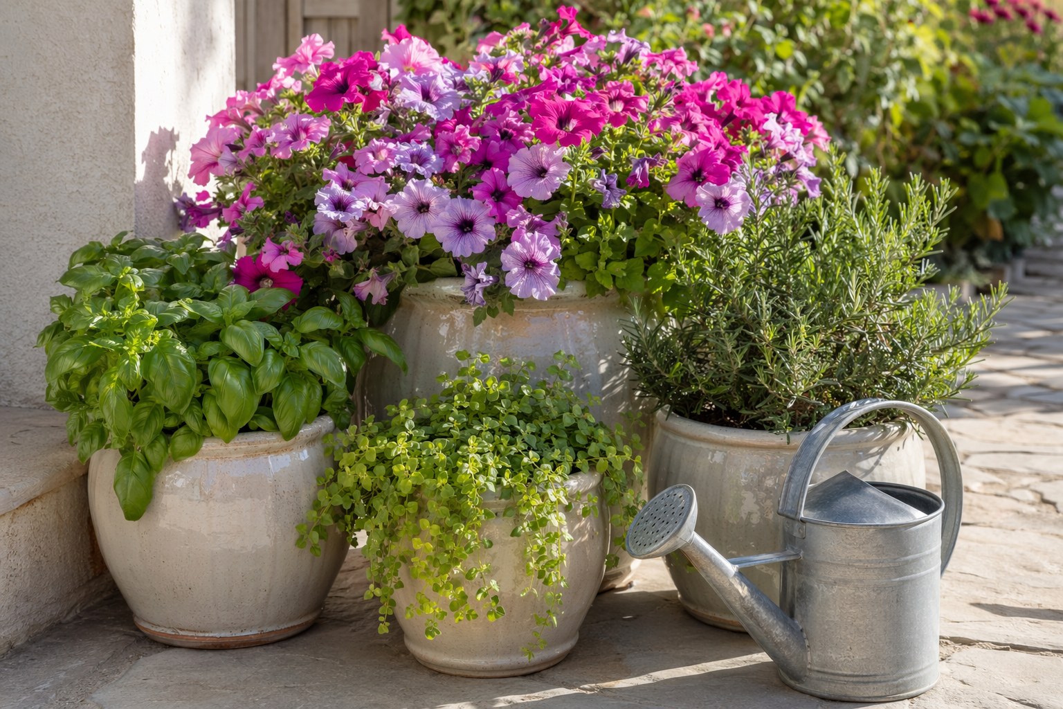 A cluster of light-colored glazed ceramic pots on a sunny patio overflowing with petunias, basil, and trailing greenery beside a small watering can