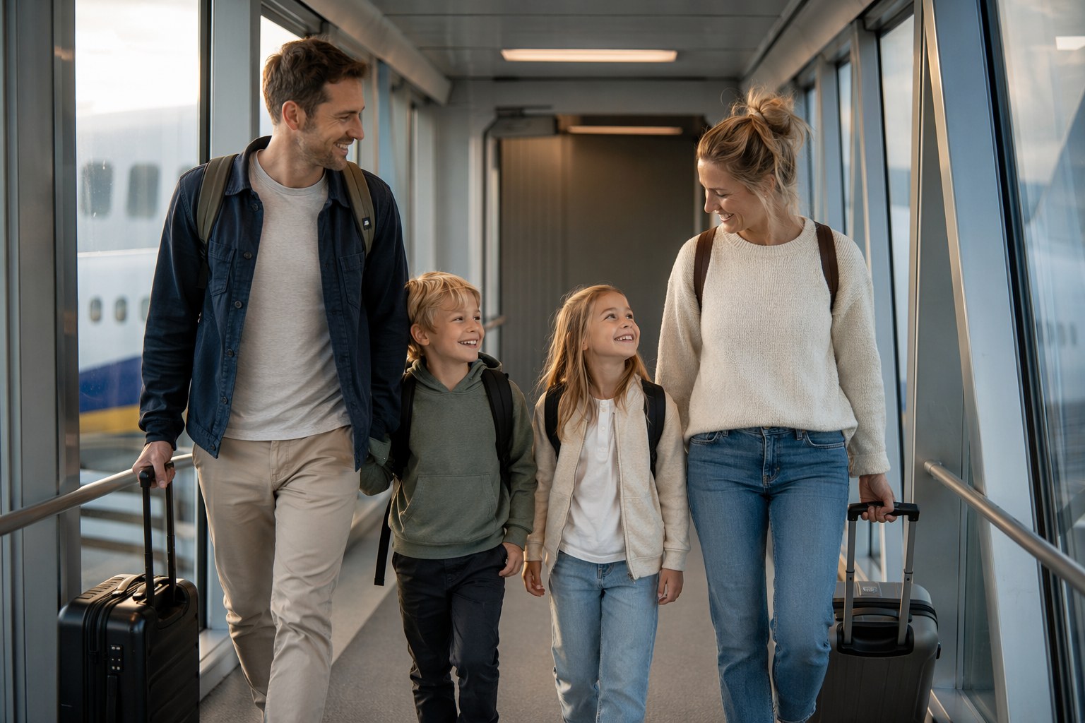 Family of four boarding a plane carrying light carry-on bags and small backpacks