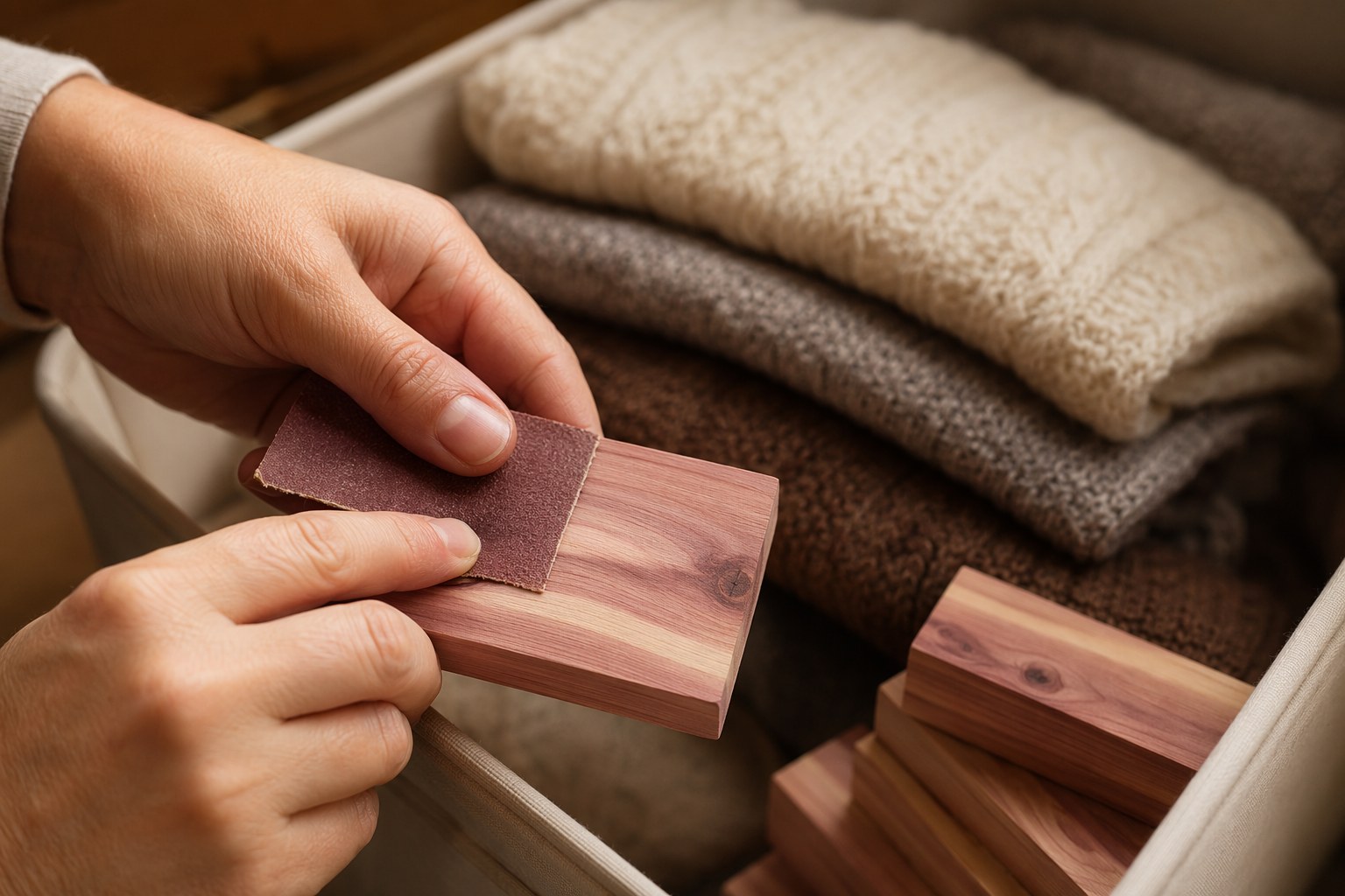 Hands sanding a natural cedar block beside folded wool sweaters and a stack of cedar blocks
