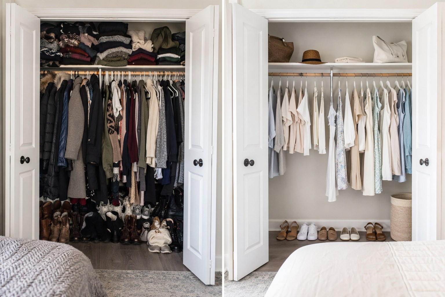 Before/after winter-to-summer closet transformation